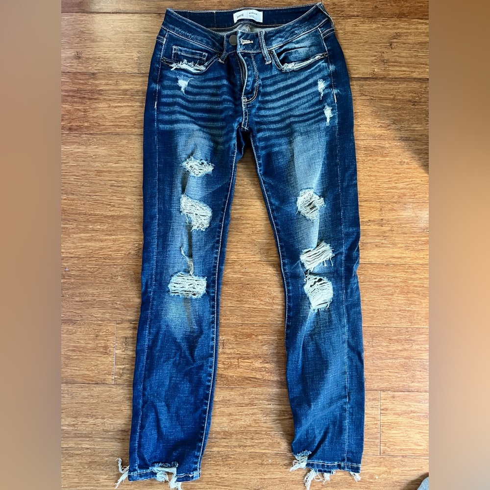 BKE Stella Dark Blue Distressed Straight Jeans